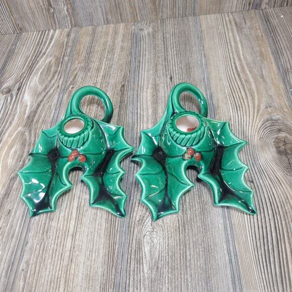 Vintage Holly Candle Holder, Ceramic Holland Mold, Christmas Candlestick - Picture 1 of 5